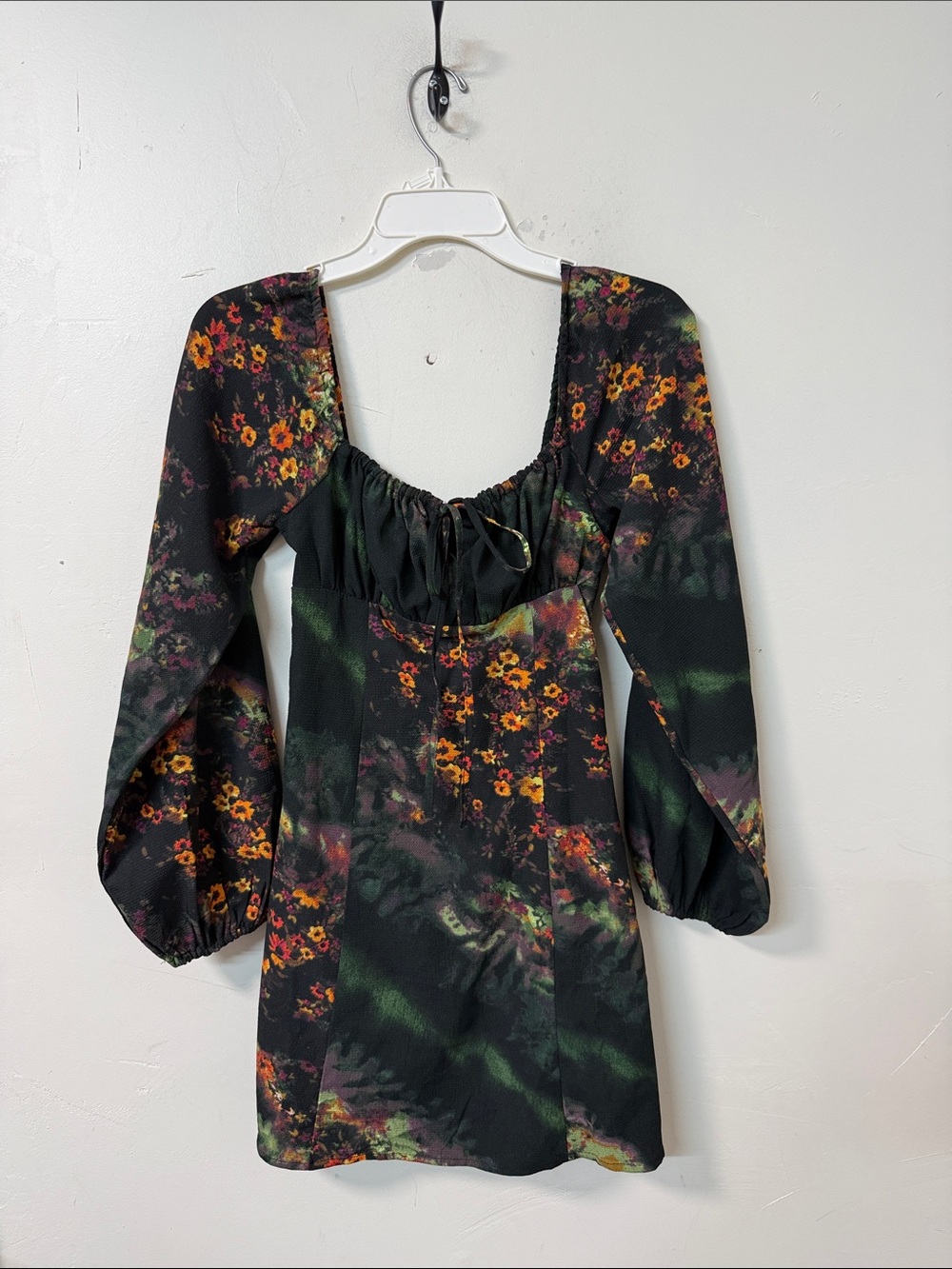 Urban Outfitters Black Floral Long Sleeve Mini Dress with Orange Accents